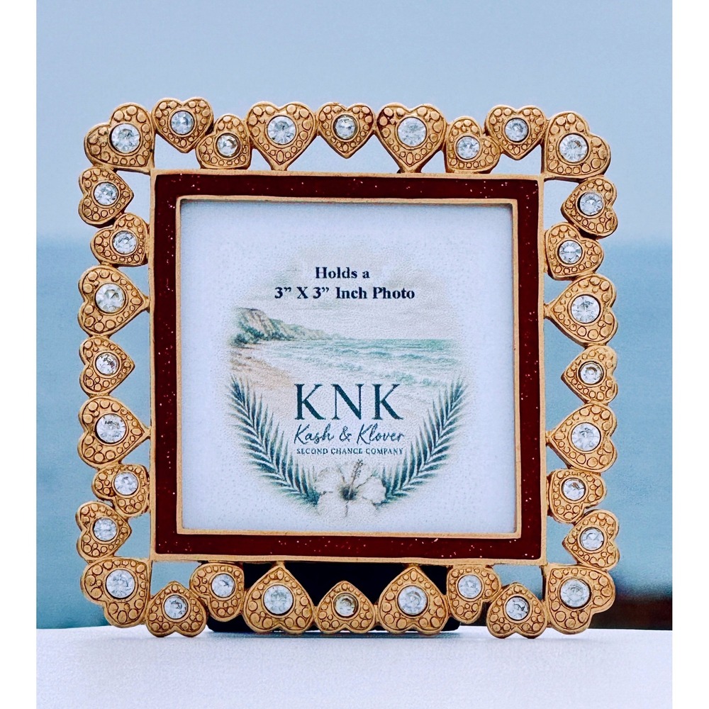 Heart‎ Rhinestone Picture Frame Unisex 3x3 Gold Red Romantic Ornate Coastal Glam